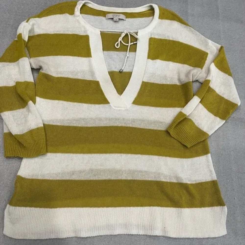 LOFT Green and Cream Striped Knit Top